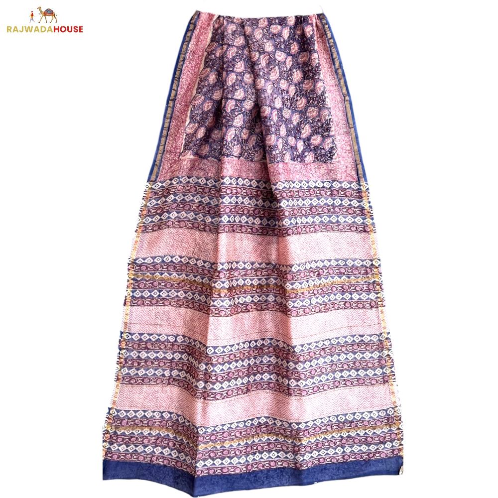 Handblock Printed Lavender Colour Chanderi Silk Saree With Blouse