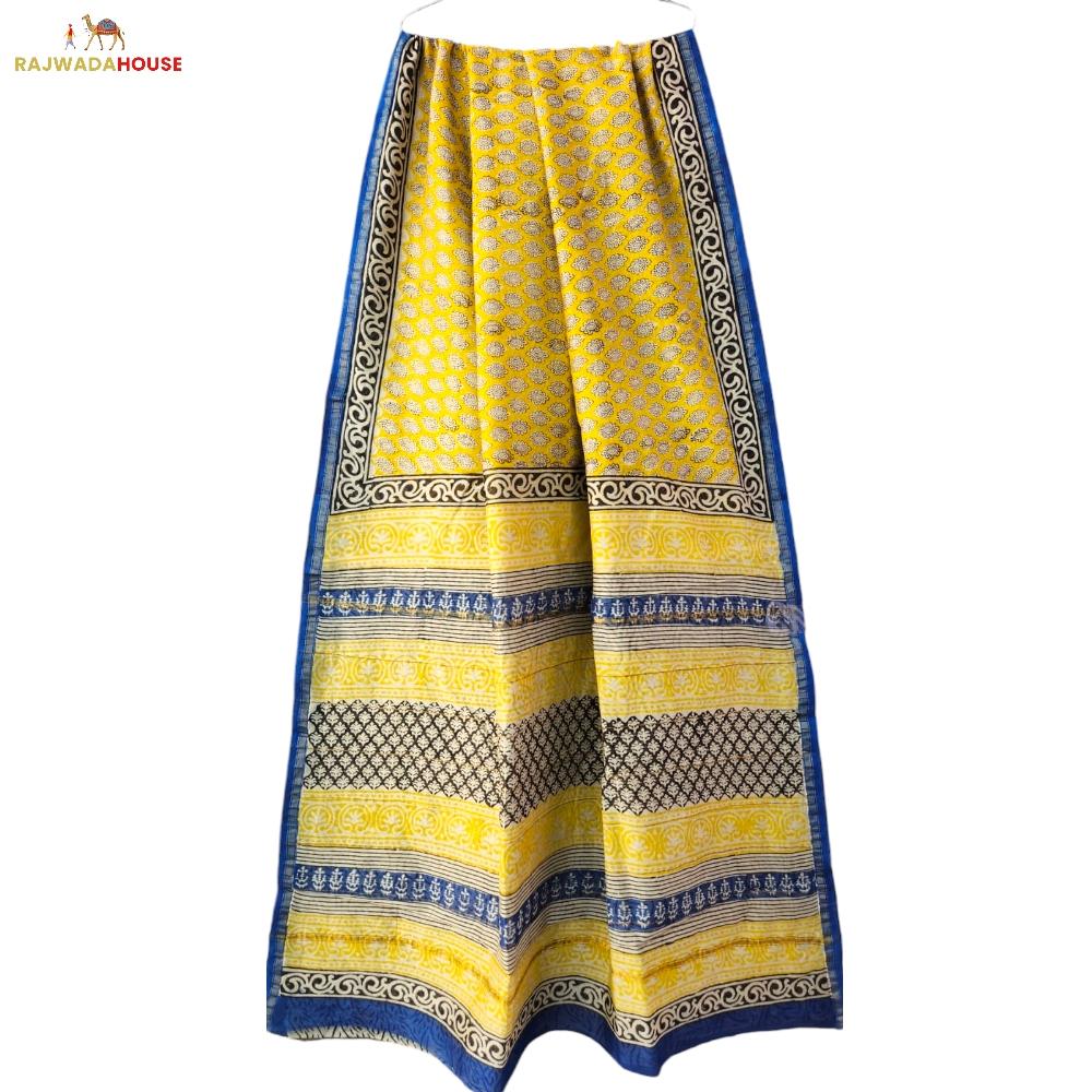 Handblock Printed Yellow Colour Chanderi Silk Saree With Blouse