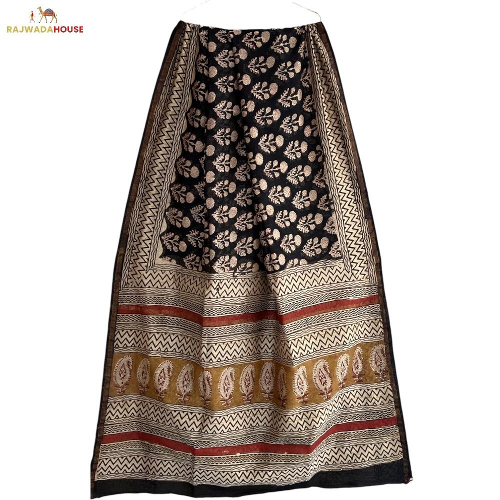 Handblock Printed Black Colour Chanderi Silk Saree With Blouse