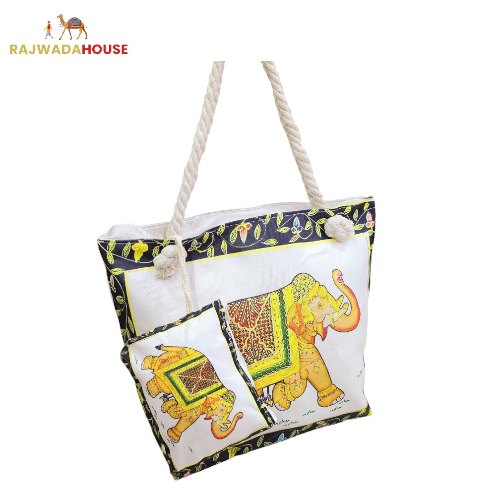 Jute Cotton Printed Elephant Tote Bag