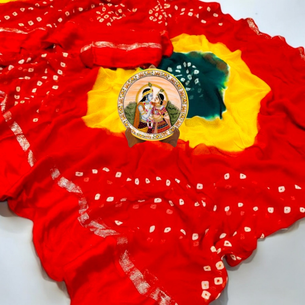 Pure Georgette Multi Colour Satin Patta Border Bandhni Saree