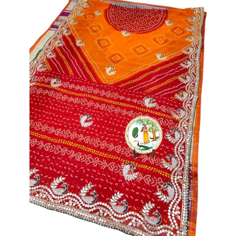 Pure Soft Georgette Rajasthani pila Bandhani With Gotapatti Work saree With Blouse