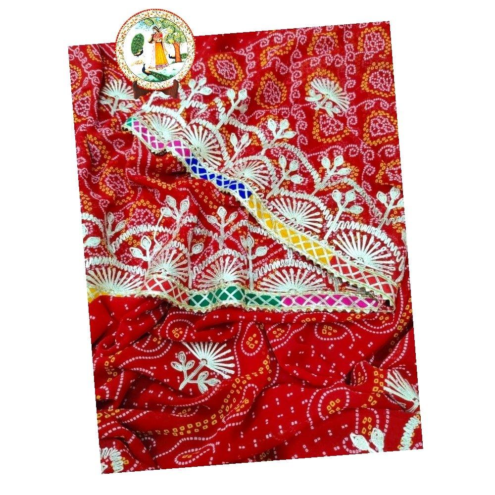 Chiffon Chunri Print Bandhani Kacha Gotapatti Work Saree With Blouse