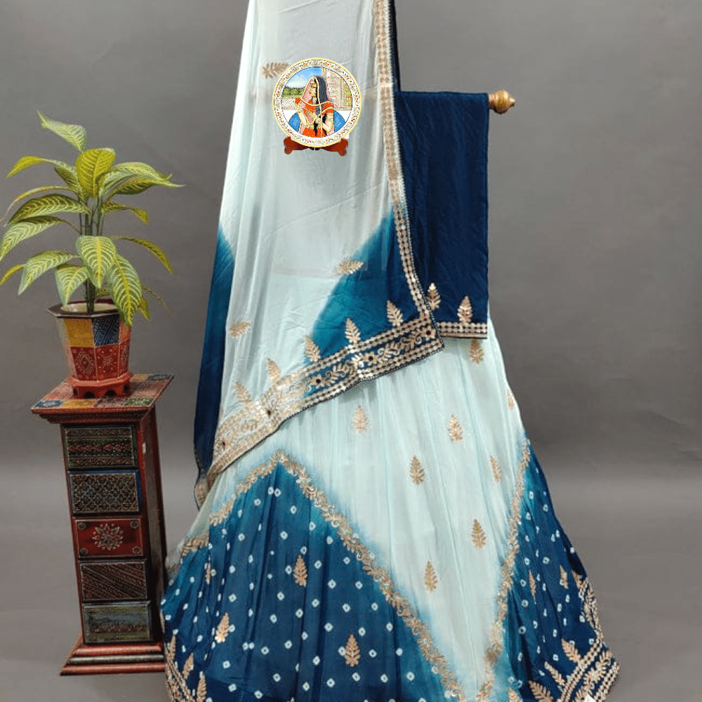 Pure Chinnon Jaipuri Bandhej Gotapatti work Lahanga Chunri Set
