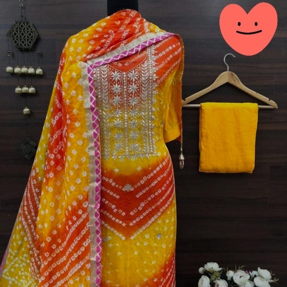 Yellow Orange Colour Silk Bandhani Gotapatti Work Salwar Suit