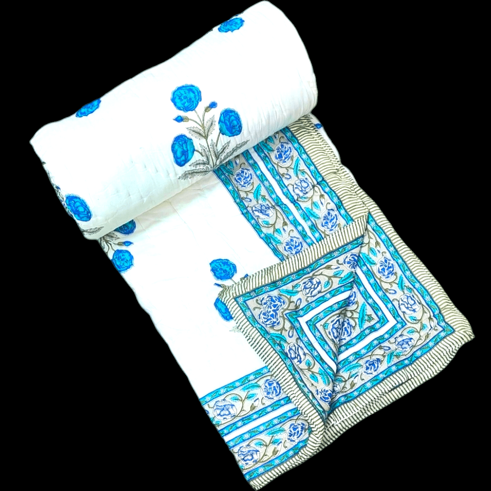 Jaipuri Rajai White Blue Colour Filling With Jaipuri Desi Cotton