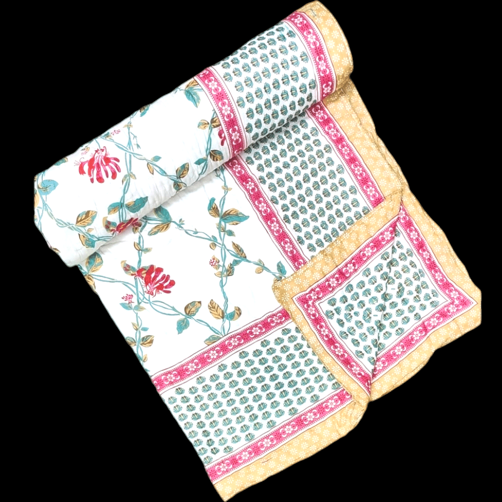 Jaipuri Rajai White Pink Colour Filling With Jaipuri Desi Cotton
