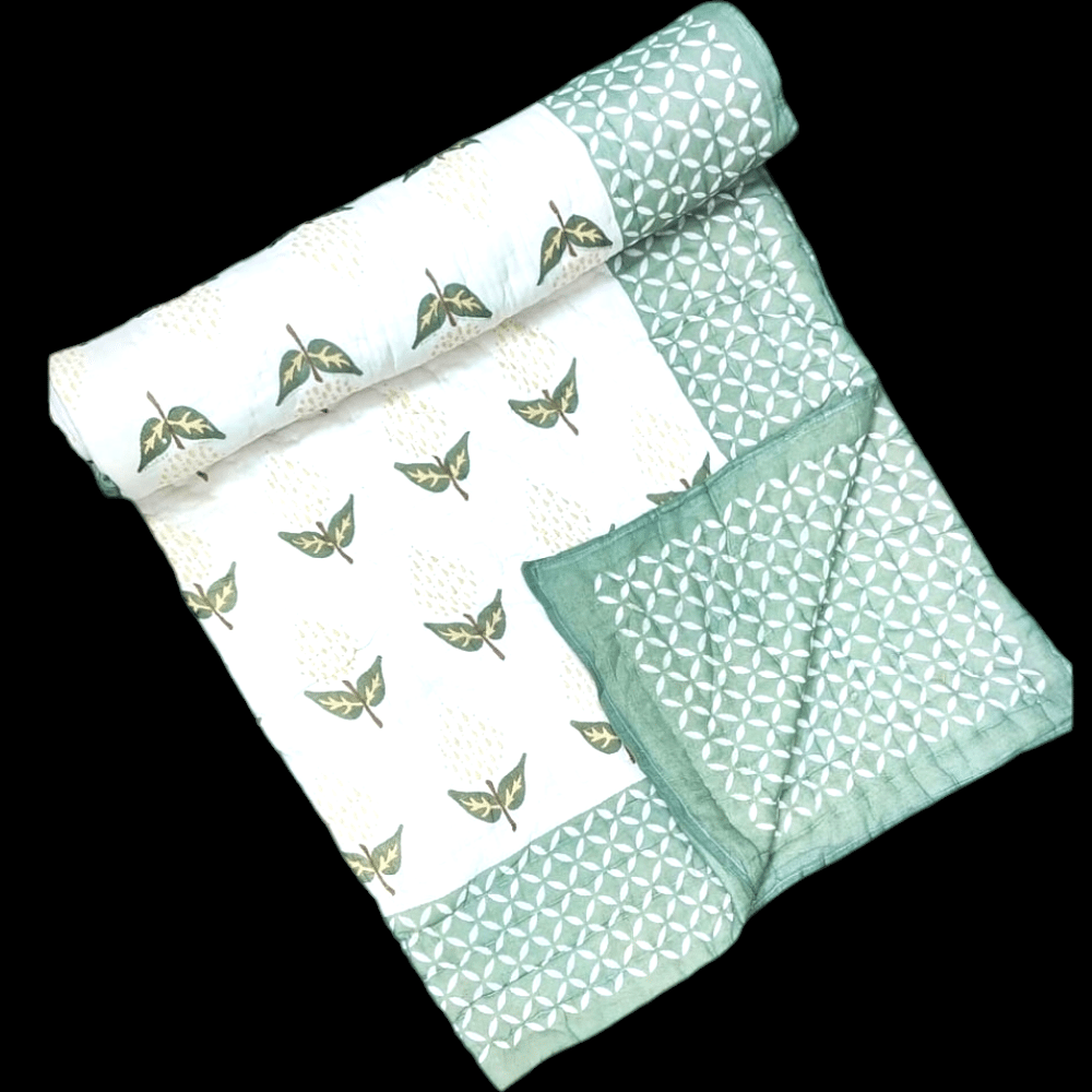 Jaipuri Rajai White Sea Green Colour Filling With Jaipuri Desi Cotton